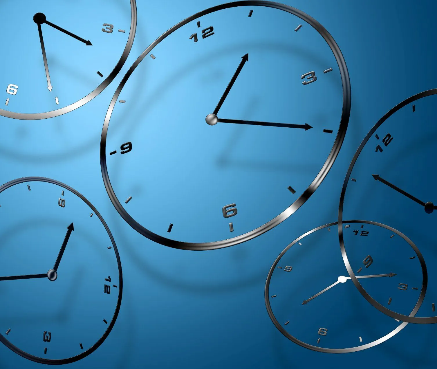 Several clocks overlapping, suggesting time, memory, and returning to earlier experiences